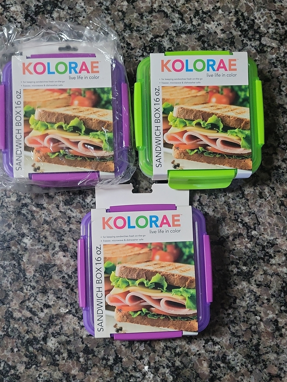 Lot of 3 Kolor Compact Sandwich Boxes - Bright Purple & Lime Green Set